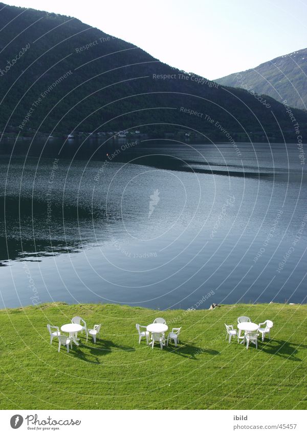 seat Table Green Norway Morning Calm Europe Chair Blue Water Lawn Mountain Fjord