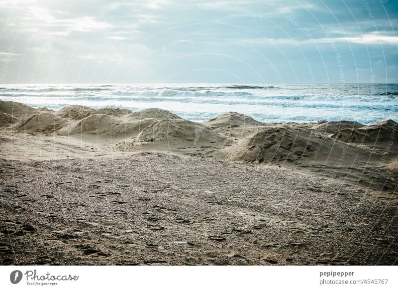 piled up sand hills at the Dutch North Sea coast Sand Sandy beach Hill Hilly landscape Ocean Seashore Sea water seascape Water Beach Beach life Nature Landscape