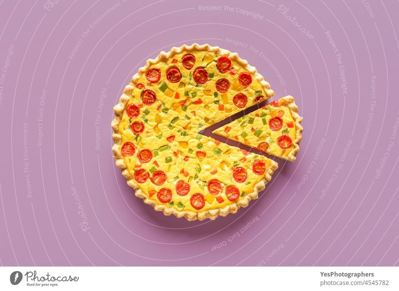 Quiche top view, minimalist on a purple background. Homemade vegetable quiche above baked bakery brunch cake cheese color crust cuisine dairy delicious dinner