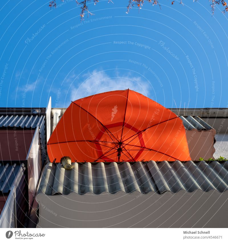 Orange parasol and blue sky Sunshade sun protection Sunlight Blue sky Protection Balcony balconies Vacation mood at home stay at home Holiday at home own rich