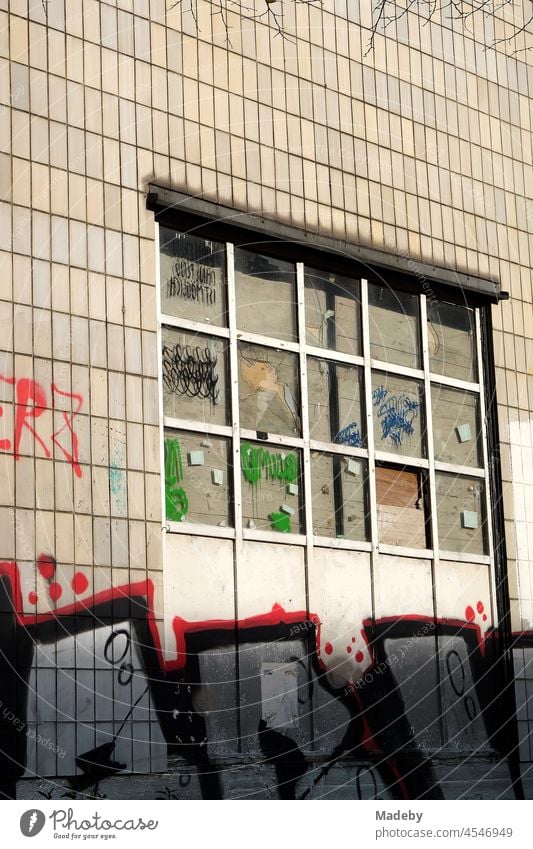 Old facade with tiles in beige and natural colors, large mullioned window and graffiti in the sunshine at Goethe University in summer in the West End of Frankfurt am Main in Hesse, Germany