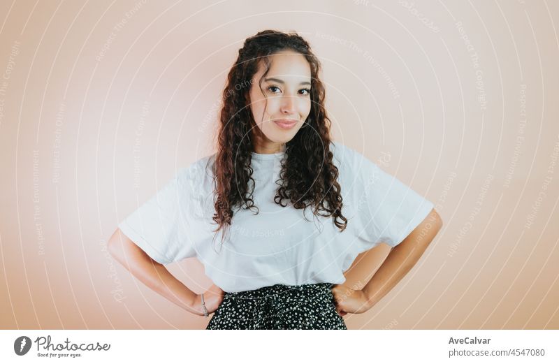 Portrait african curly hair woman . Colorful background minimal concept, removable background. Copy space for text, happy aptitude, smiling to camera. skincare