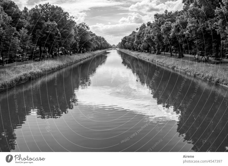 Castle in sight Central perspective Water Reflection Clouds Surface of water White Water reflection Long shot tranquillity Channel Lock Munich Nymphenburg