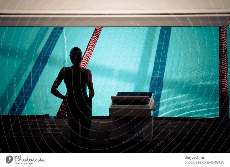 The girl stands at the edge of the pool ready to jump into the blue water shining from the sun. Swimming Swimming & Bathing Colour photo Summer Water