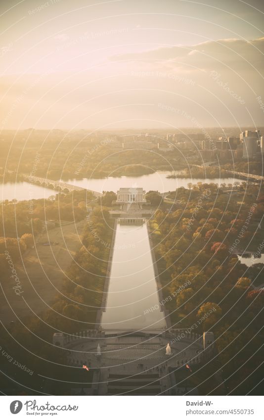 America - Aerial view with view to the Lincoln Memorial in Washington Americas Sunlight Sunset Aerial photograph USA Monument Landmark Vacation & Travel