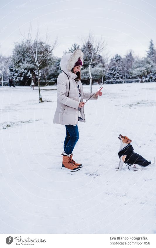 woman in snowy mountain wearing modern coat at sunset. Playing with cute jack russell dog. winter season. Fun in the snow playing jump fun love together