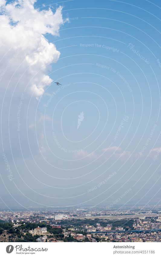 Plane over Naples Airplane Town Italy Sky Blue Clouds Vantage point Street Vacation & Travel Colour photo Exterior shot House (Residential Structure) flight