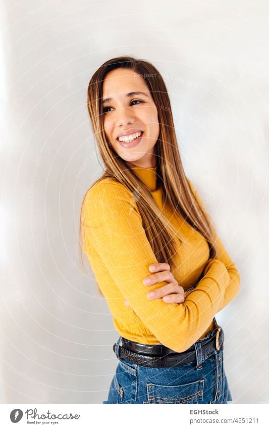 Portrait of smiling businesswoman caucasian female in white background smile face crossed arms looking beauty women happy portrait student young model skin girl