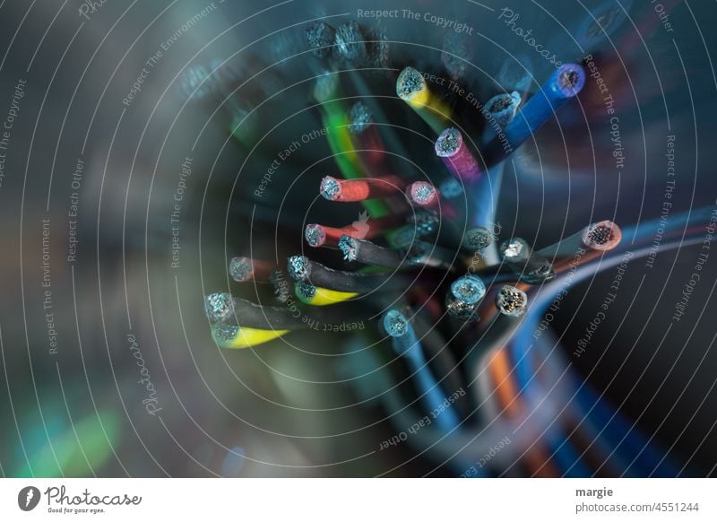 Colorful cables Shallow depth of field blurriness Deserted Interior shot Transmission lines Installations Versatile Interlaced Information Technology High-tech