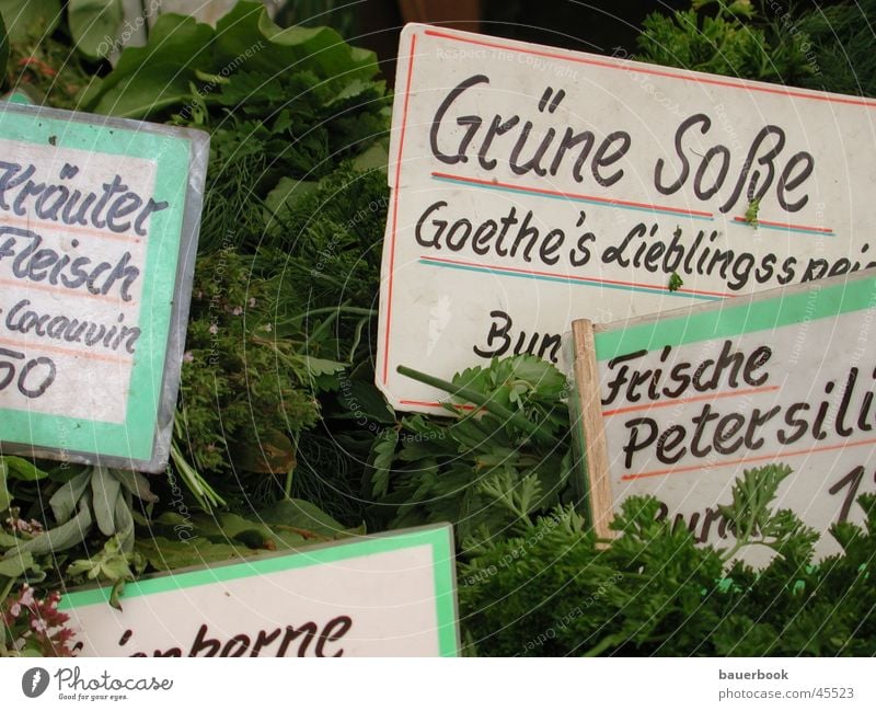 Green sauce Herbs and spices Munich Viktualienmarkt Parsley Close-up Nutrition Markets Signs and labeling "Goethe's favourite dish"