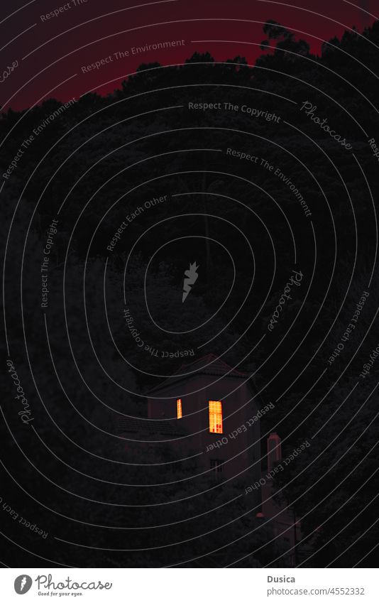 House at night house home hill nature light evening window isolated