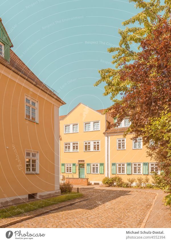 Residential building of the Bauhaus era in summer colour scheme Architecture Colour modern warm new Geometry minimal Magdeburg Esthetic Build Building