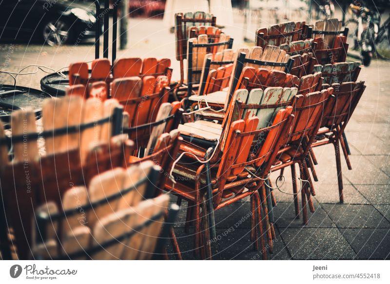 Street café closed Café Sidewalk café Town Berlin Capital city Gastronomy Chair Table Restaurant Empty Seating Closed Furniture Break lockdown pile