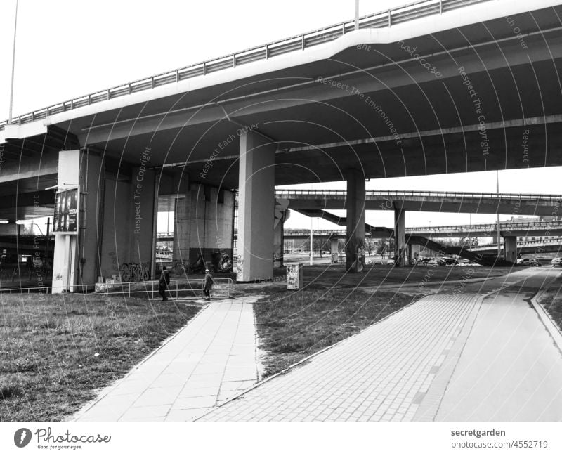 Brutalist bridge movement Bleak Gloomy Perspective Bend Arch Contrast Bridge pier bridge arch Worm's-eye view Right ahead Dark Sky Oder Overpass