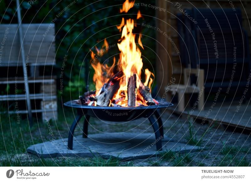 Evening twilight in the garden: The friends have not yet gathered, but a warming campfire is already crackling merrily in the iron fire bowl, because it is cold outside.