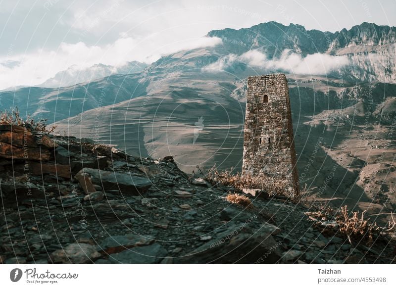 Stone tower in mountains.  Northern Ossetia Alania, Russia Tower Mountains Caucas Culture Alanian High Landscape Beautiful View Amazing Nature Travel Hiking