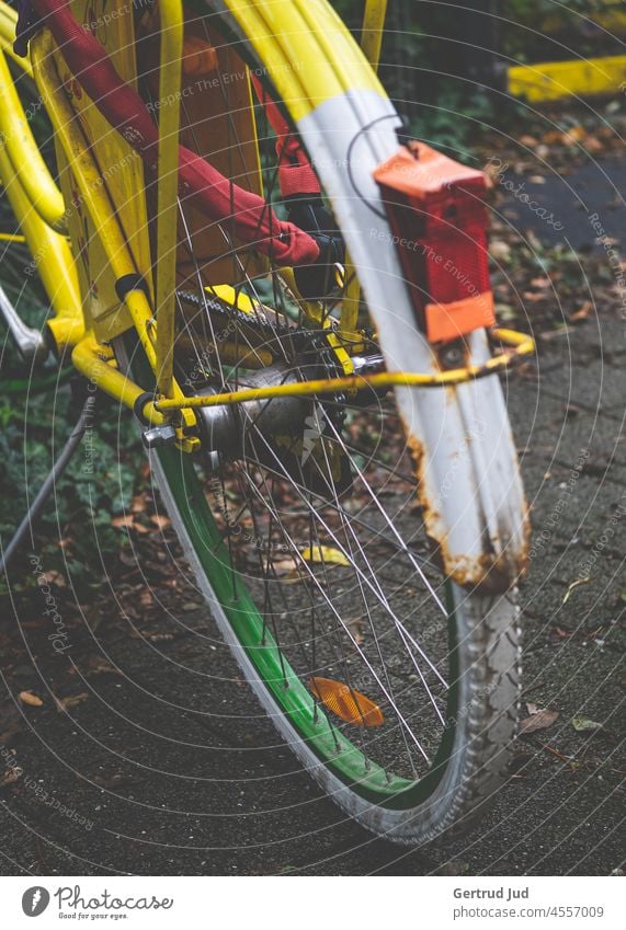 Yellow rusty bike standing by a bike stand Bicycle Color yellow Autumn autumn colours Rust Spokes Rear light Old Exterior shot Colour photo Patina Wheel Detail