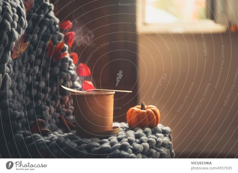 Autumn still life with steaming hot soup in sustainable plastic free food container on chair with grey wool blanket, pumpkin and interior background. Cozy time at home with hot meal. Front view.