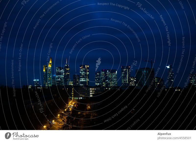 Road to Bankfurt | surreal Frankfurt Skyline High-rise Night Long exposure Town Light Architecture Main Colour photo Reflection Bank building City skyscrapers