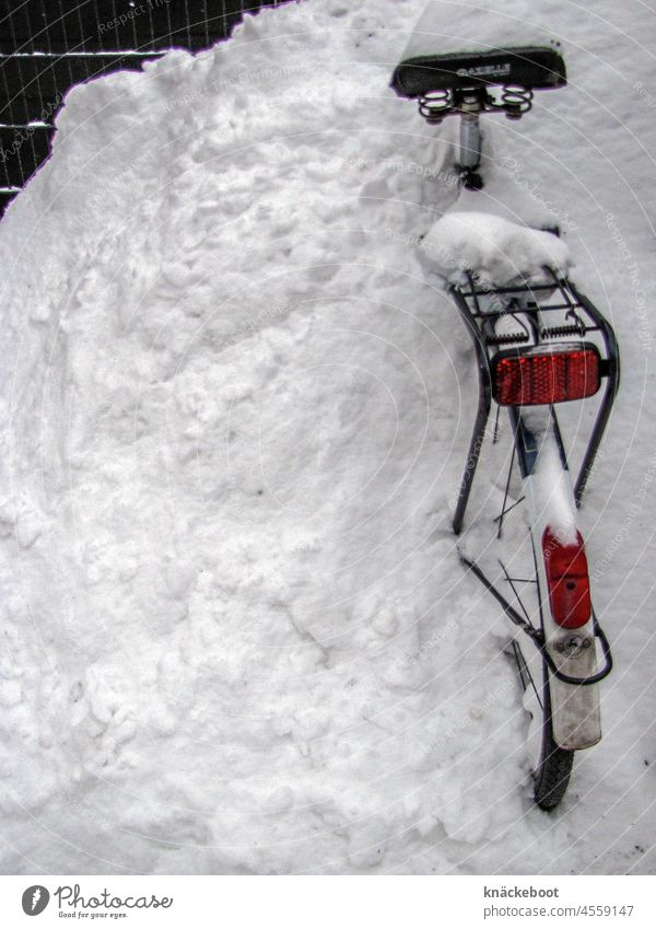 bicycle stands Snow Winter Cold Bicycle Bicycle rack Wheel Exterior shot Copy Space left