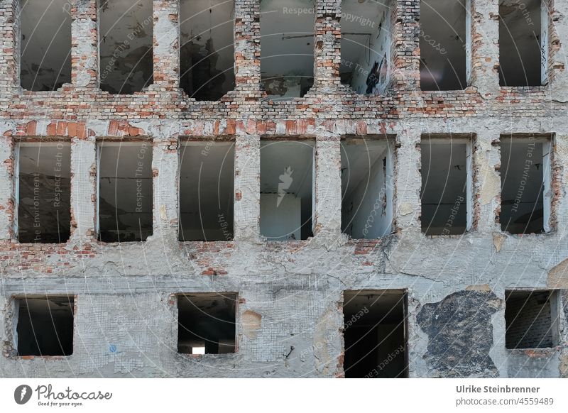 Open window openings in the facade of an abandoned factory Window Facade Building reveal Architecture Transience Ravages of time Ruin Derelict