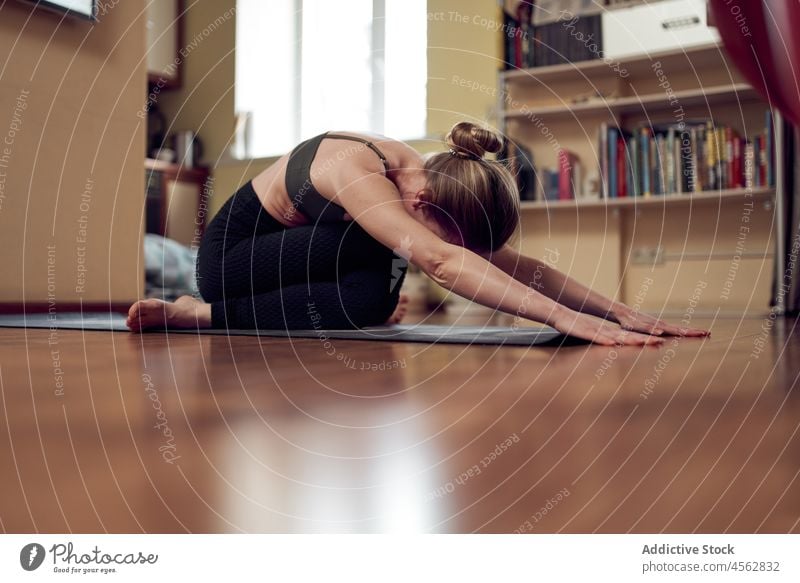 Woman stretching at home woman yoga asana training workout healthy lifestyle exercise wellness living room wellbeing female slim light apartment sporty lady