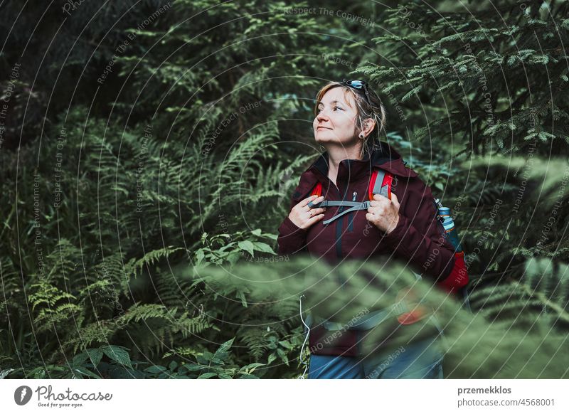 Woman with backpack hiking in forest, actively spending summer vacation close to nature adventure trip travel journey trekking woman mountain wanderlust walking