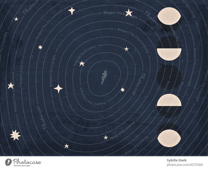 moon phases stars astronomy star chart vintage blue collage grungy sky night sky space lunar nature natural