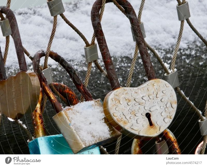 Old love doesn't rust - or does it? Rusty love lock in winter Heart Lock Heart Castle rusty rusty lock rusty metal Snow Rain raindrops Love Promise symbol