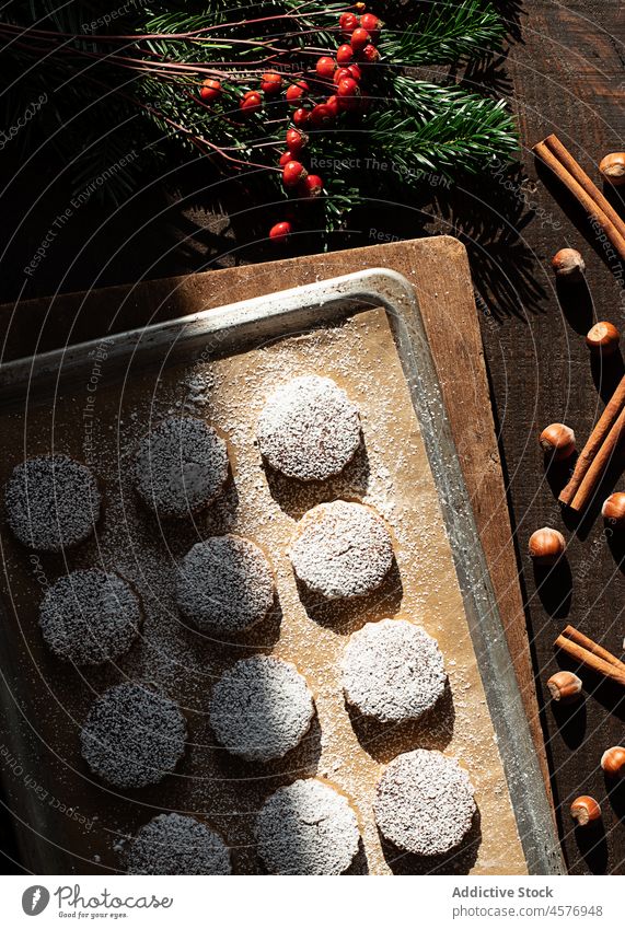 Christmas hazelnut shortbreads on a wooden table assortment cookies traditional food nougat christmas christmas dessert overhead sweets baked xmas festive