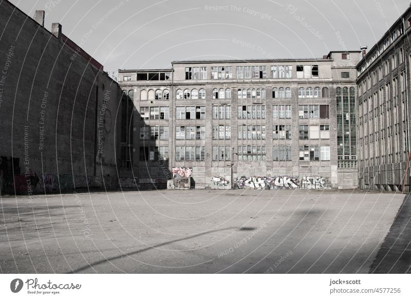 new open space for development on old land Commercial building Facade Architecture Nostalgia Cloudless sky Gray Past Old Factory Building lost places