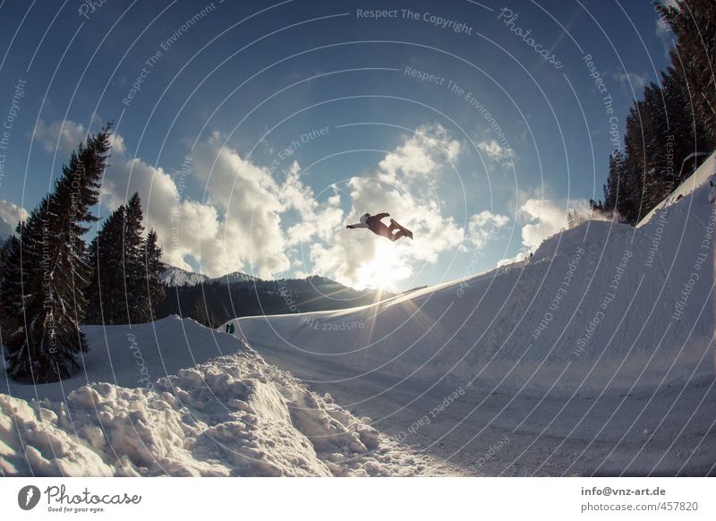 superm Sports Winter sports Sportsperson Snowboard Environment Nature Sky Clouds Sun Sunlight Alps Mountain Blue Action Superman Jump Snowboarder Ski jump