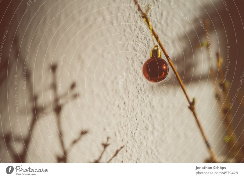 small christmas tree ball on a branch in front of the wallpaper Neutral Background Interior shot Close-up Detail Embellish Christmas decoration Hang Dangle