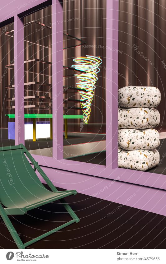 Illustration deck chair Tornado illustration Abstract Deckchair urban Modern architecture Whirlwind purple Petrol station Esthetic Facade Architecture