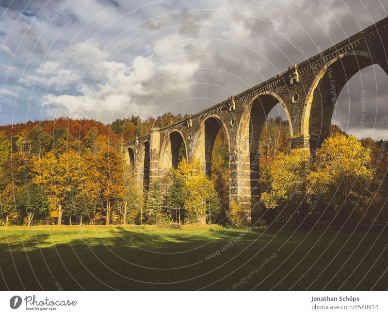 Hetzdorf viaduct in the Flöha valley, Saxony Hetzdorf Viaduct Bridge hike Hiking Valley Meadow Clouds Autumn autumn hike Flöhatal Architecture Landscape Nature