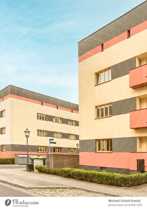 Bauhaus apartment block in pastel stripes Green Colour photo anger House (Residential Structure) Manmade structures Deserted Magdeburg Modernity