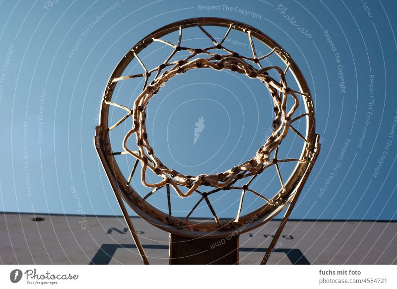 Basketball hoop from below - blue sky Basketball basket Ball sports Leisure and hobbies Colour photo Deserted Sports Net Blue sky No darkening Ring Strike