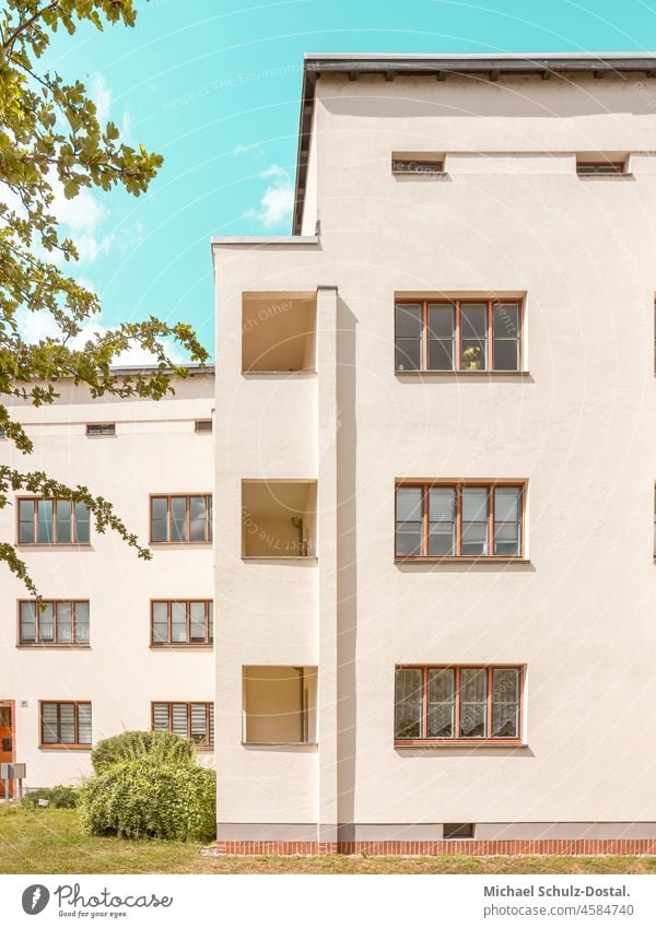 Frontal view of a Bauhaus building in pastel colours anger Green Colour photo House (Residential Structure) Manmade structures Modern architecture Lawn Deserted