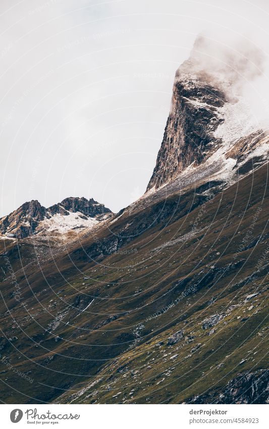 Hike Vanoise National Park: View of mountain in fog VI Central perspective Deep depth of field Contrast Shadow Light Day Deserted Exterior shot Multicoloured