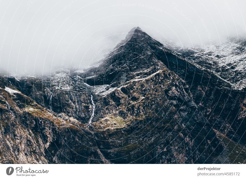 Hike Vanoise National Park: View of mountain in fog V Central perspective Deep depth of field Contrast Shadow Light Day Deserted Exterior shot Multicoloured