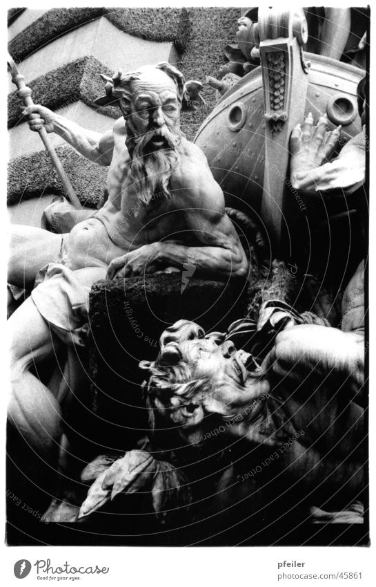 Poseidon Sculpture Well Vienna Watercraft Mythology God of the sea Historic Stone Hofburg Black & white photo