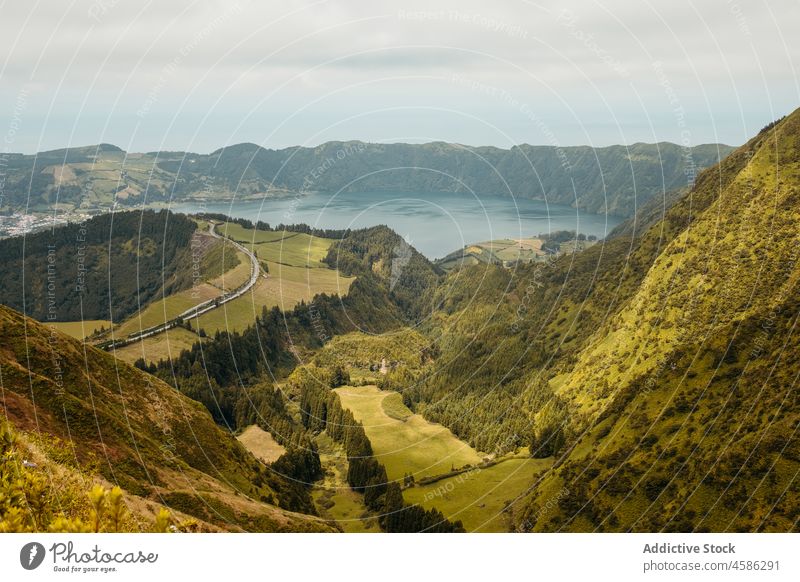 Picturesque landscape of mountain valley and lake nature slope green tree forest bush rocky water picturesque azores sao miguel portugal plant blossom