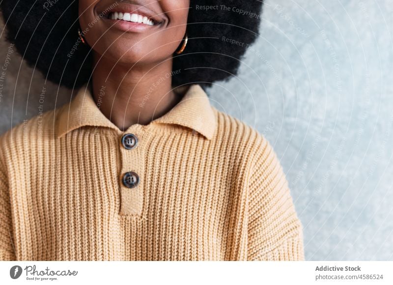 Crop of black woman looking at camera smile portrait cheerful afro appearance funny female african american curly hair young home positive charming hairstyle