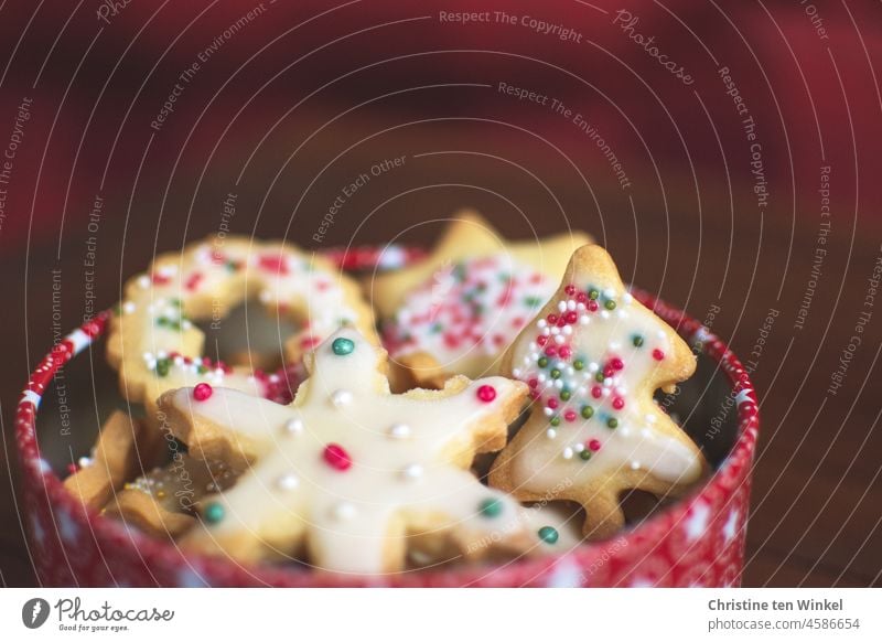 Christmas cookies with icing and sugar pearls in a round box homemade Delicious Cookie cute Advent Christmas & Advent Christmas biscuit Anticipation Tradition