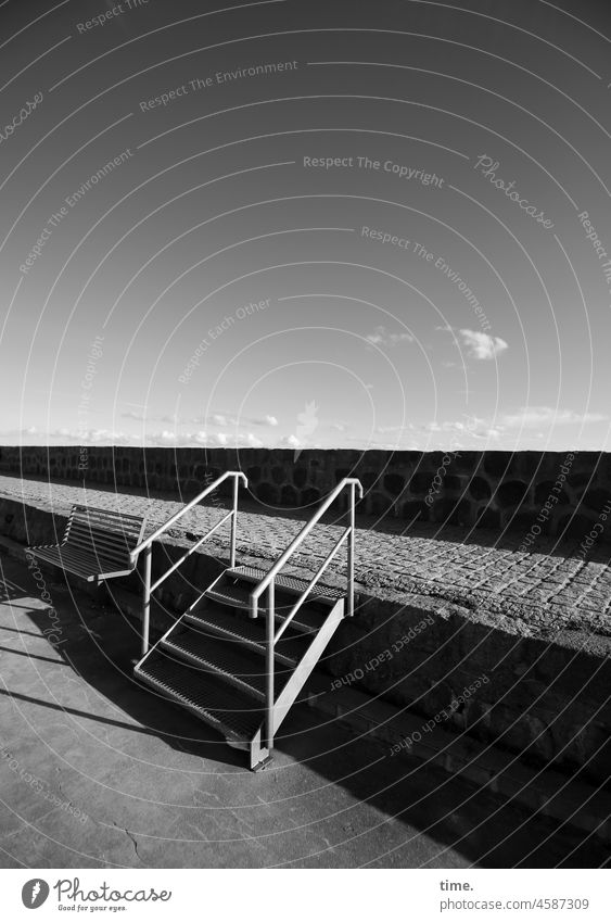 Steps to the view Stairs bench autumn sun Wall (barrier) off stones Mole Sky evening light rail cloud Crossing Protection Safety aids Stage sunny Shadow