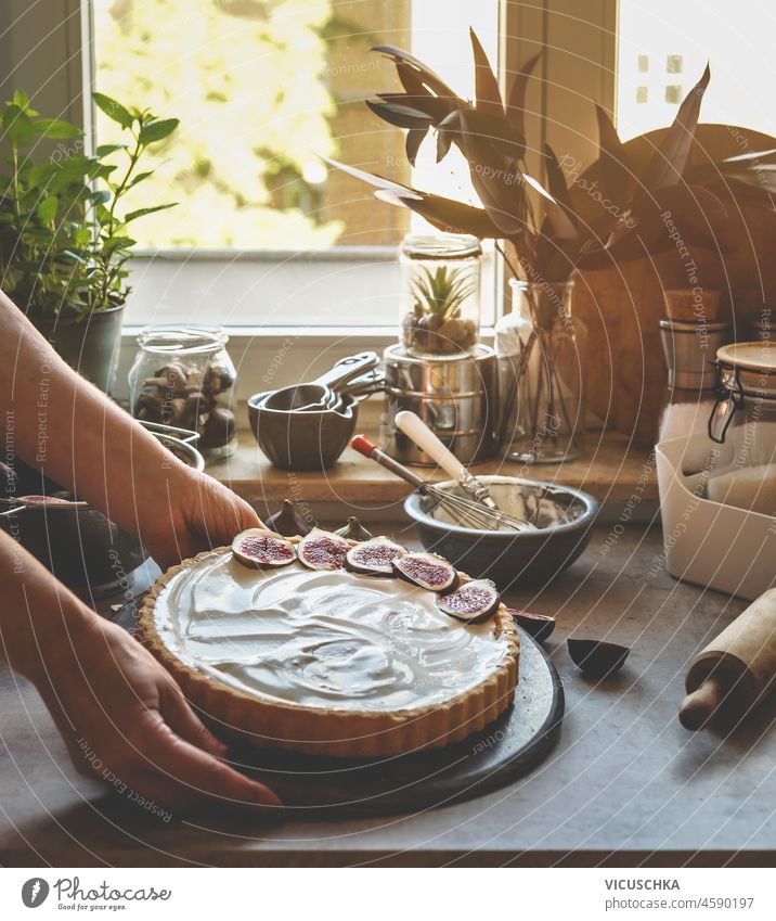 Woman hand holding homemade cheesecake with figs at kitchen background with window and natural light. Baking delicious cake at home with fruit and cream. Front view.