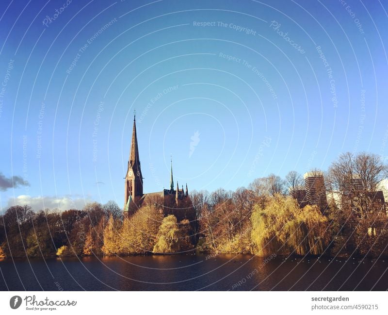 Thank God good weather Uhlenhorst Hambug Church Church spire Sky Pond Lake Autumn trees bank Beautiful weather Cloudless sky Exterior shot Deserted Landscape