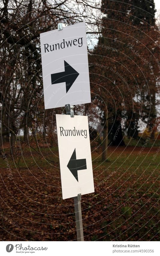 arrows point the way circular trail Road marking Arrow Signs Orientation Direction Round Right Left roundabout disorientation Clue info off Forest trees Lost