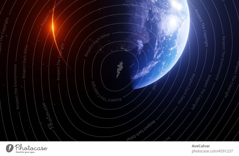 Earth planet viewed from space south america , 3d render of planet Earth. NASA accuracy. Visible lights of cities at night. With sun rising and ray light flare at horizon. Sci fi, technology future