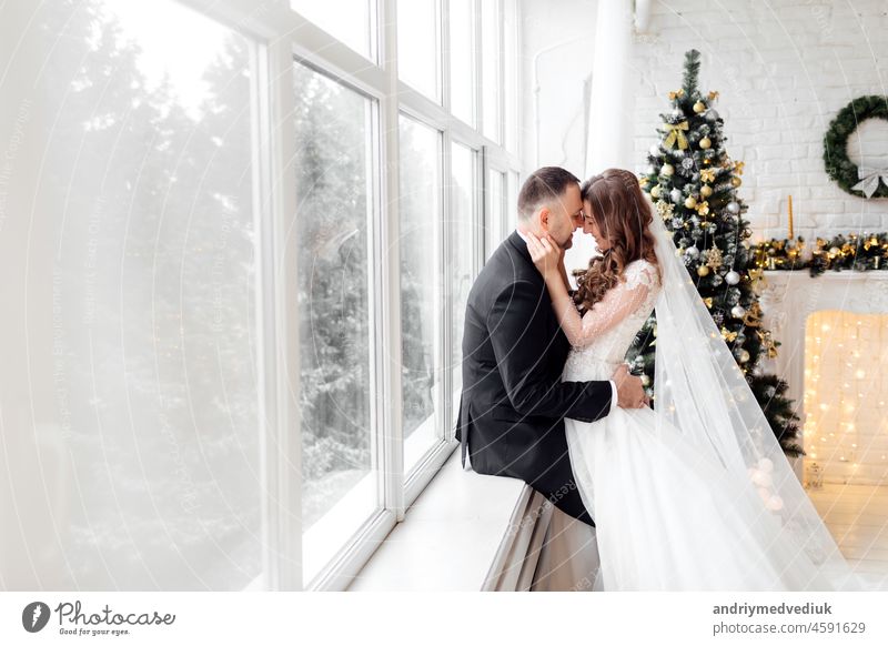 Young couple in love bride and groom posing in studio on background decorated with Christmas tree in their wedding day at Christmas near the large panoramic window.